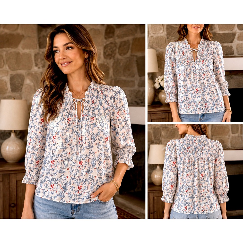 Melloday Womens S Floral Blouse Blue Red Smocked Ruffle Tie Neck Boho Peasant